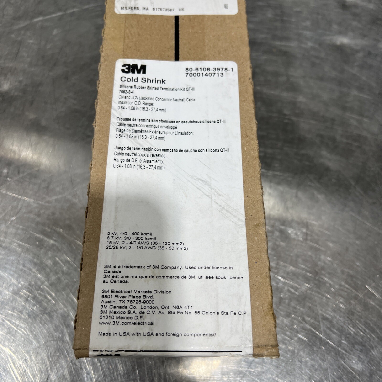 3M 7652-S-4 Cold Shrink QT-III Termination Kit. Nos Surplus. Used By Dates Vary
