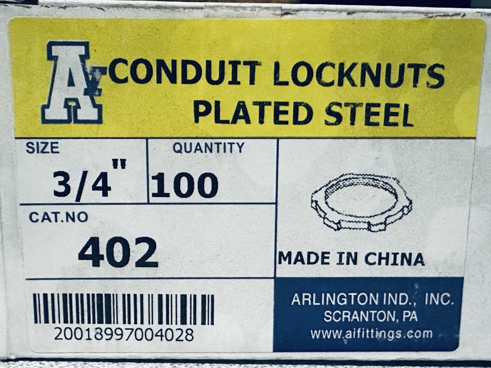 NEW 100 pack Arlington 402, 3/4″ Conduit Locknuts Steel Threaded Non-Insulated