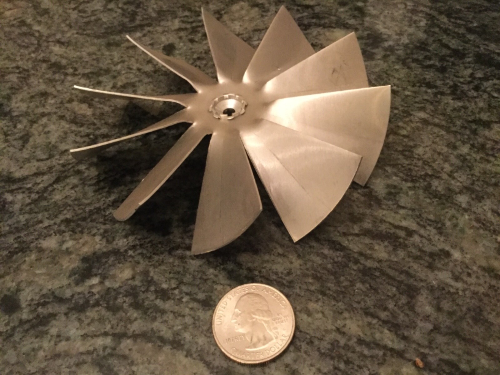10 blade aluminum cooling fan 3/16 inch mount x 4 1/2 inch x 1 1/4 wide 300 cfm
