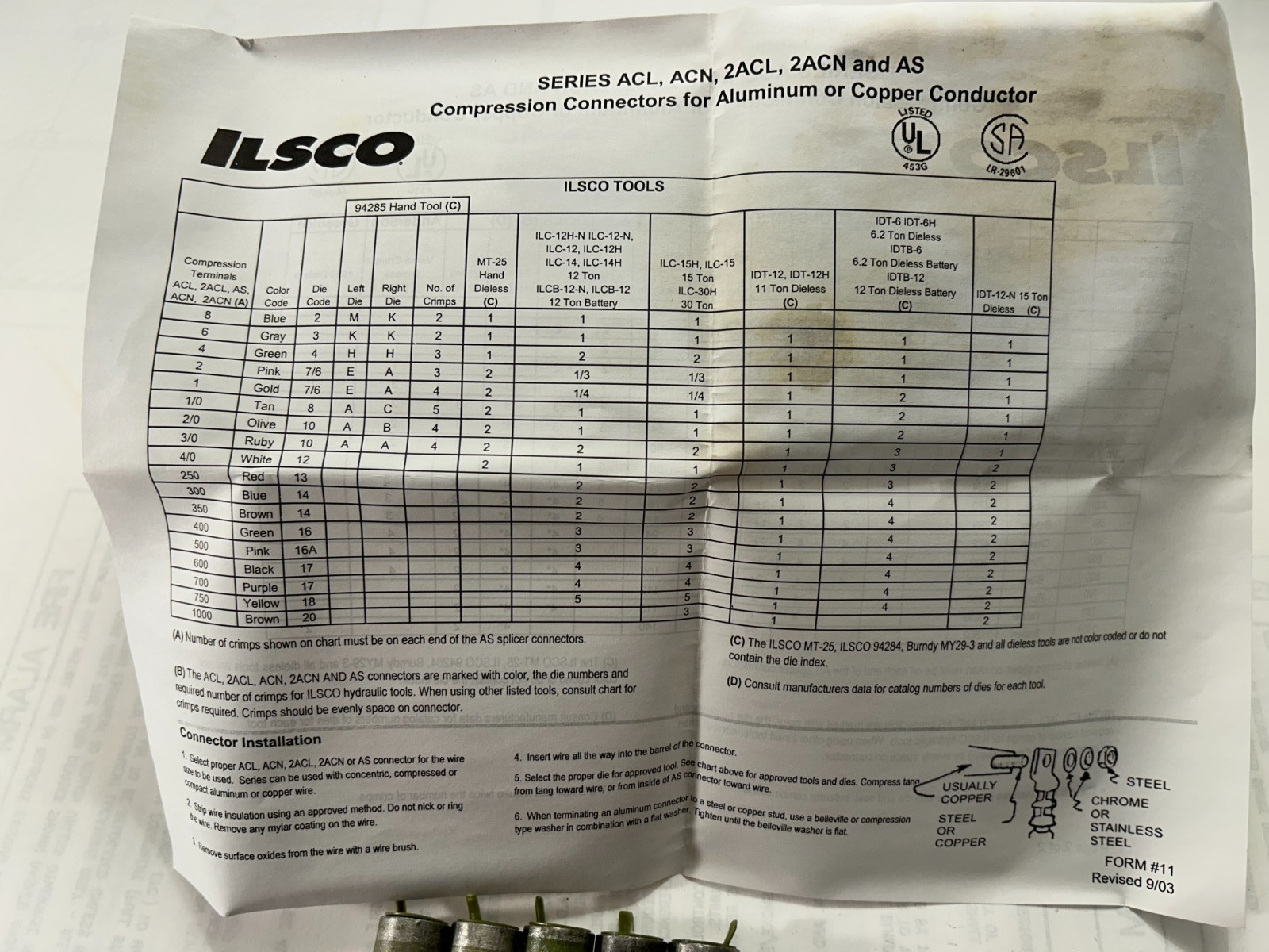 LOT OF 6 Ilsco AS-2/0 2/0 AWG Aluminum Compression Sleeves DIE NO. 10 Olive