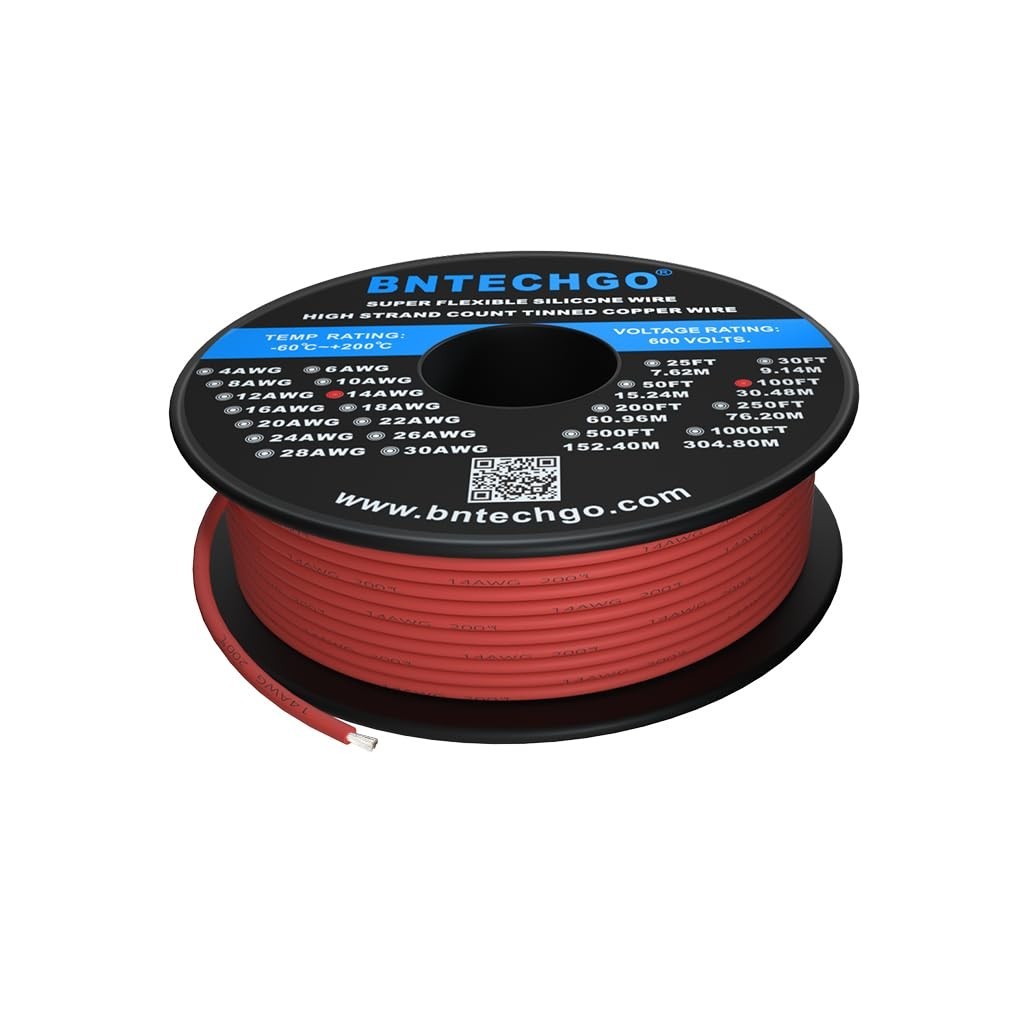 14 Gauge Silicone Wire Spool 100 ft Red Flexible 14 AWG Stranded Tinned Coppe…