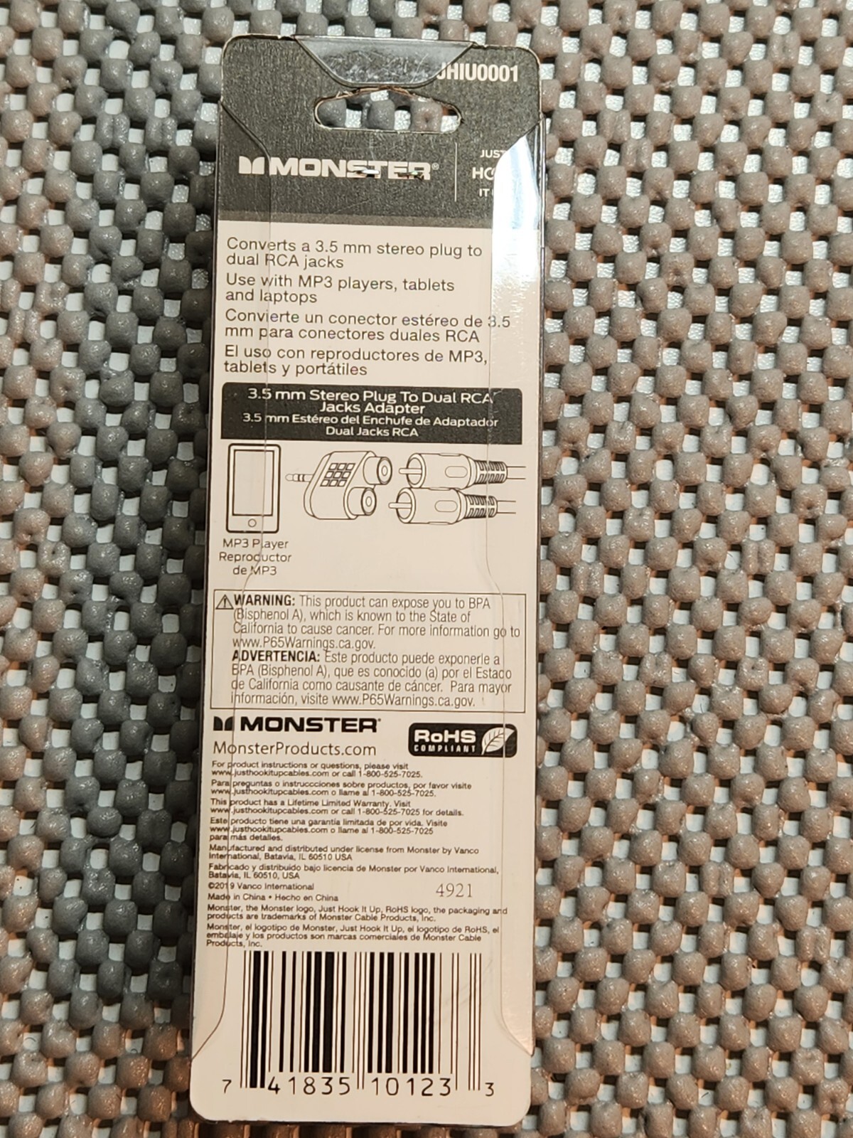 Monster JHIU0001 Just Hook It Up 3.5 mm Stereo Plug To Dual RCA Jacks New