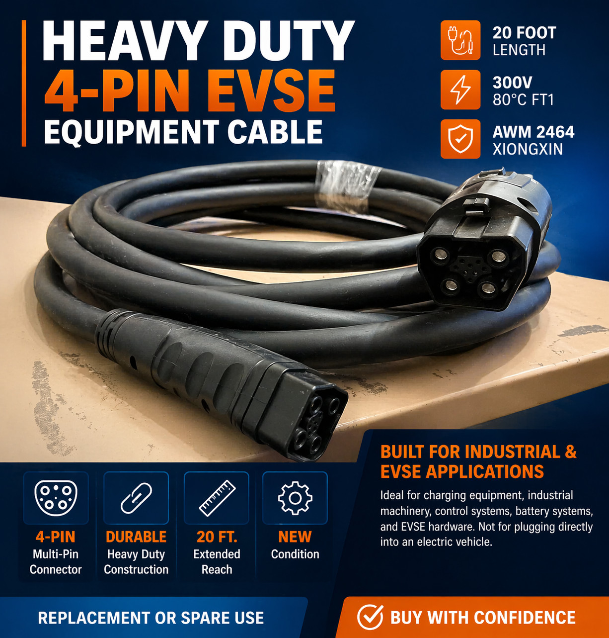 Heavy Duty 4-Pin EVSE Charger Cable Industrial Power AWM 2464 300V Multi-Pin NEW