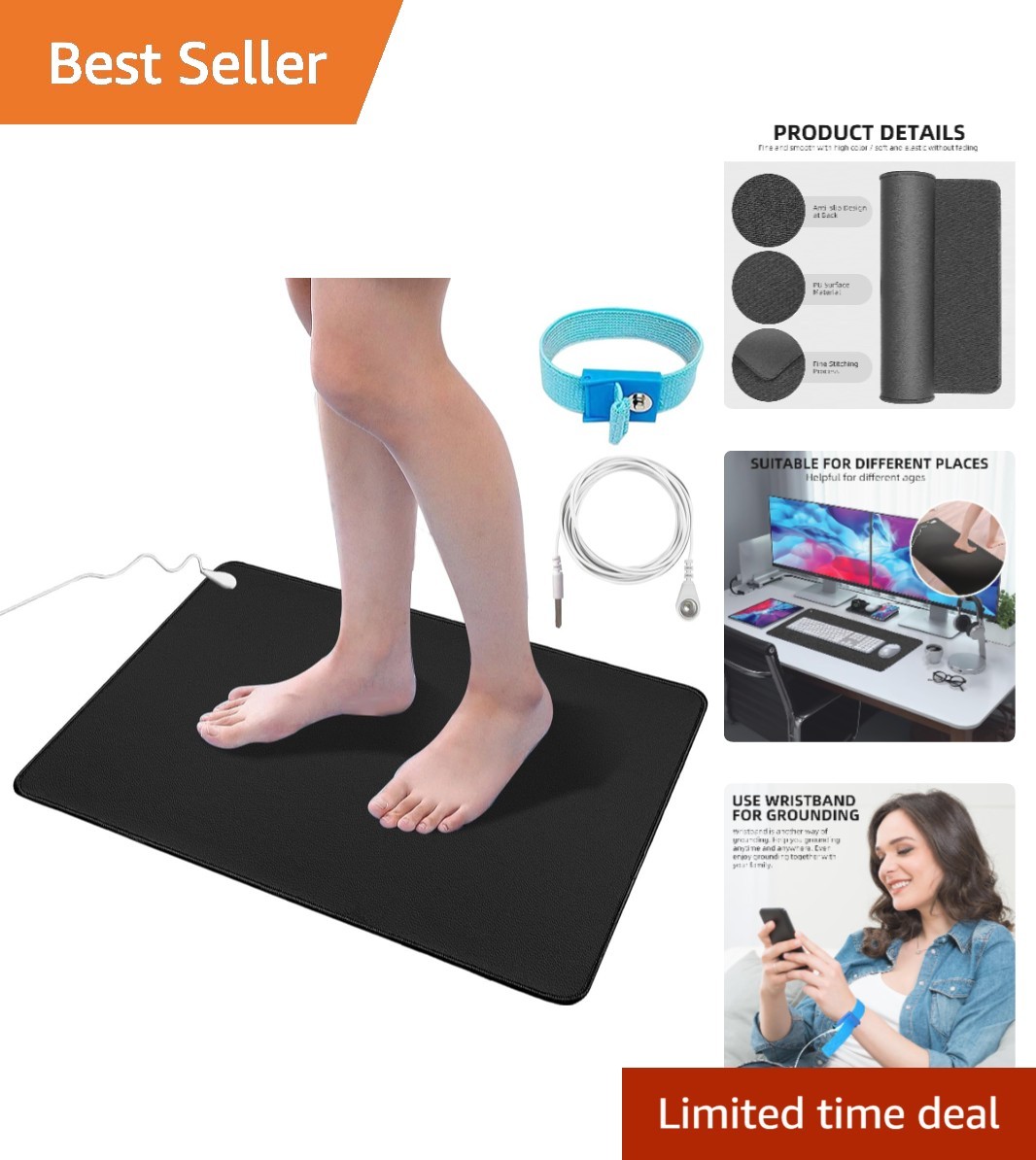 Durable Grounding Pad Kit for Better Sleep: 12×24 with 15ft Cord & Wriststrap