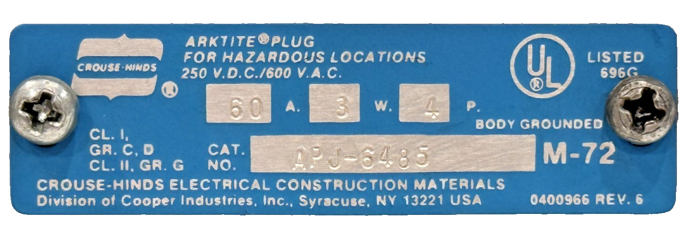 NEW CROUSE-HINDS APJ-6485-M72 4 POLE CIRCUIT BREAKER PLUG APJ6485M72