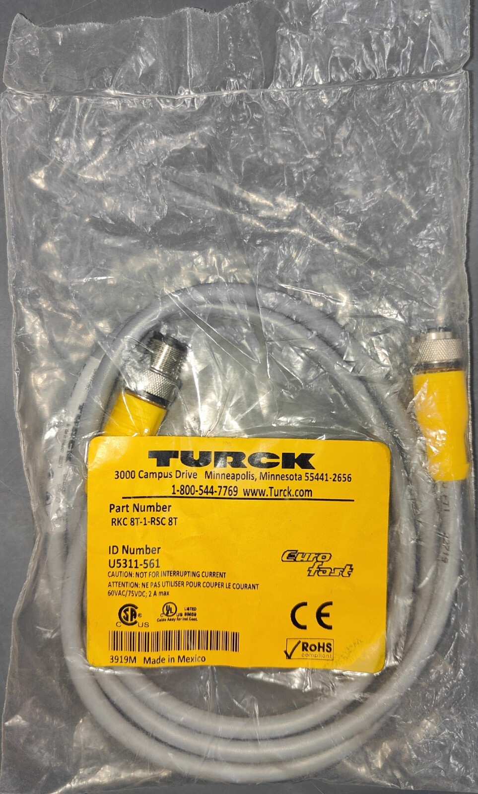 NEW TURCK RKC8T-1-RSC8T EUROFAST DOUBLE ENDED CORDSET U5311-561 – FREE SHIPPING
