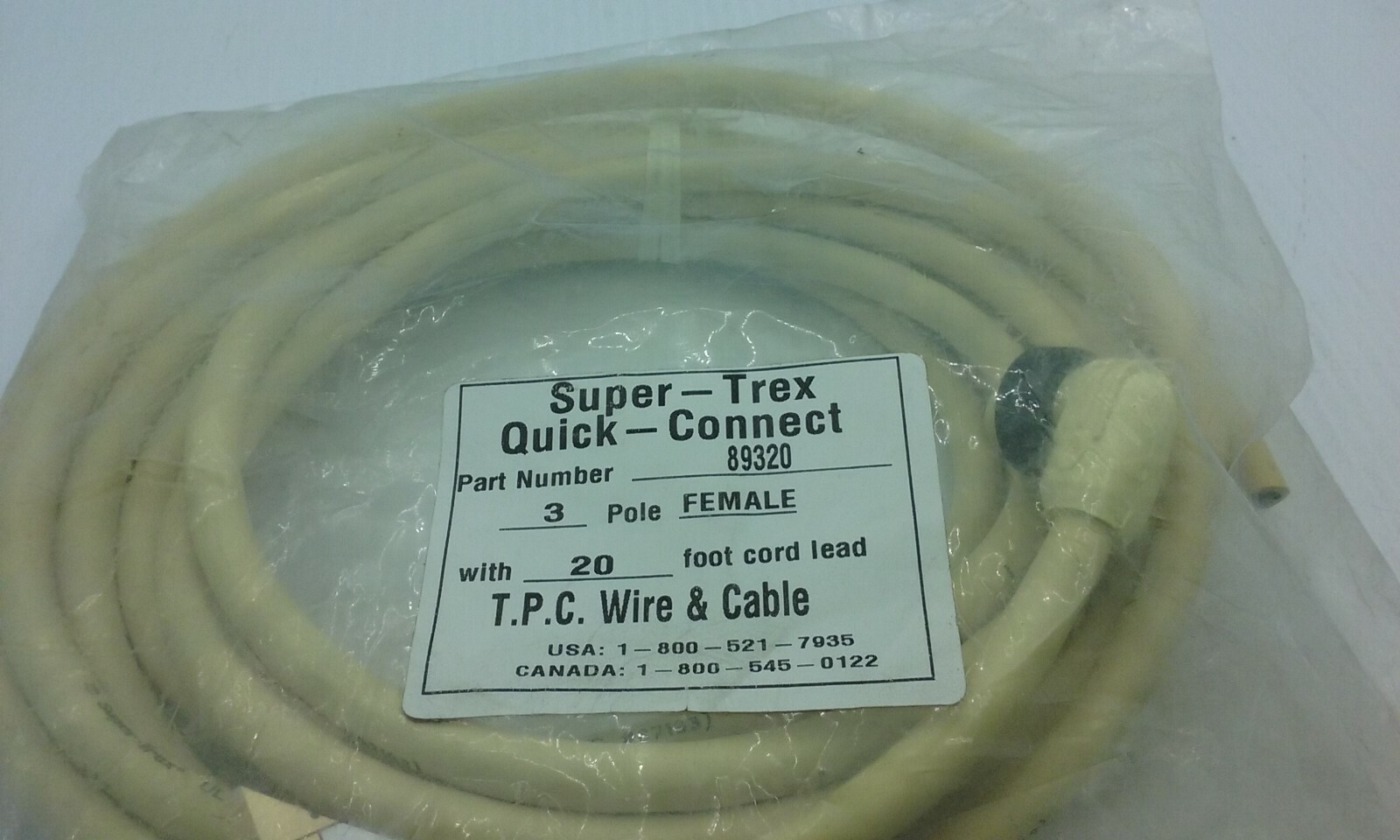 TPC WIRE & CABLE SUPER-TREX 89320 QUICK CONNECT CORDSET 3 POLE 20′ FEMALE NIB