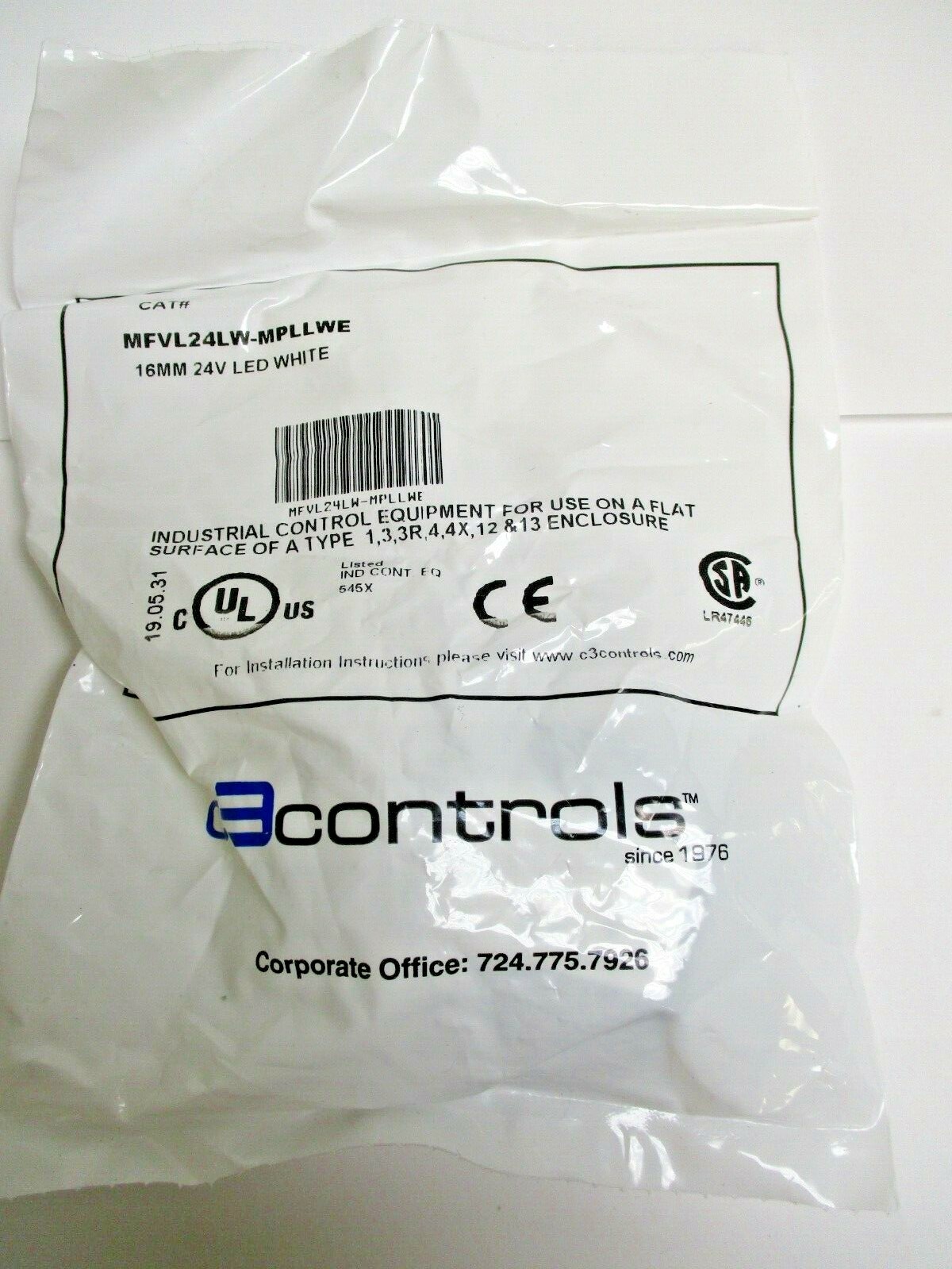 C3 CONTROLS, MFVL24LW-MPLLWE, 16MM 24V WHITE LED LIGHT