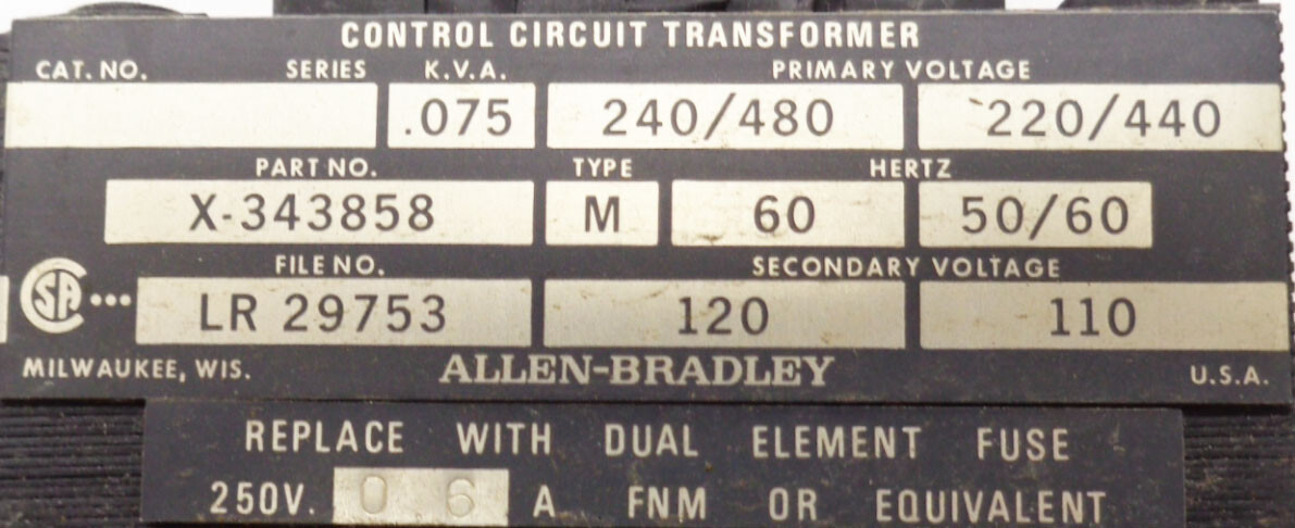 ALLEN BRADLEY X-343858 TRANSFORMER .075KVA 220/440/240/480V 110/120V 1497-75A