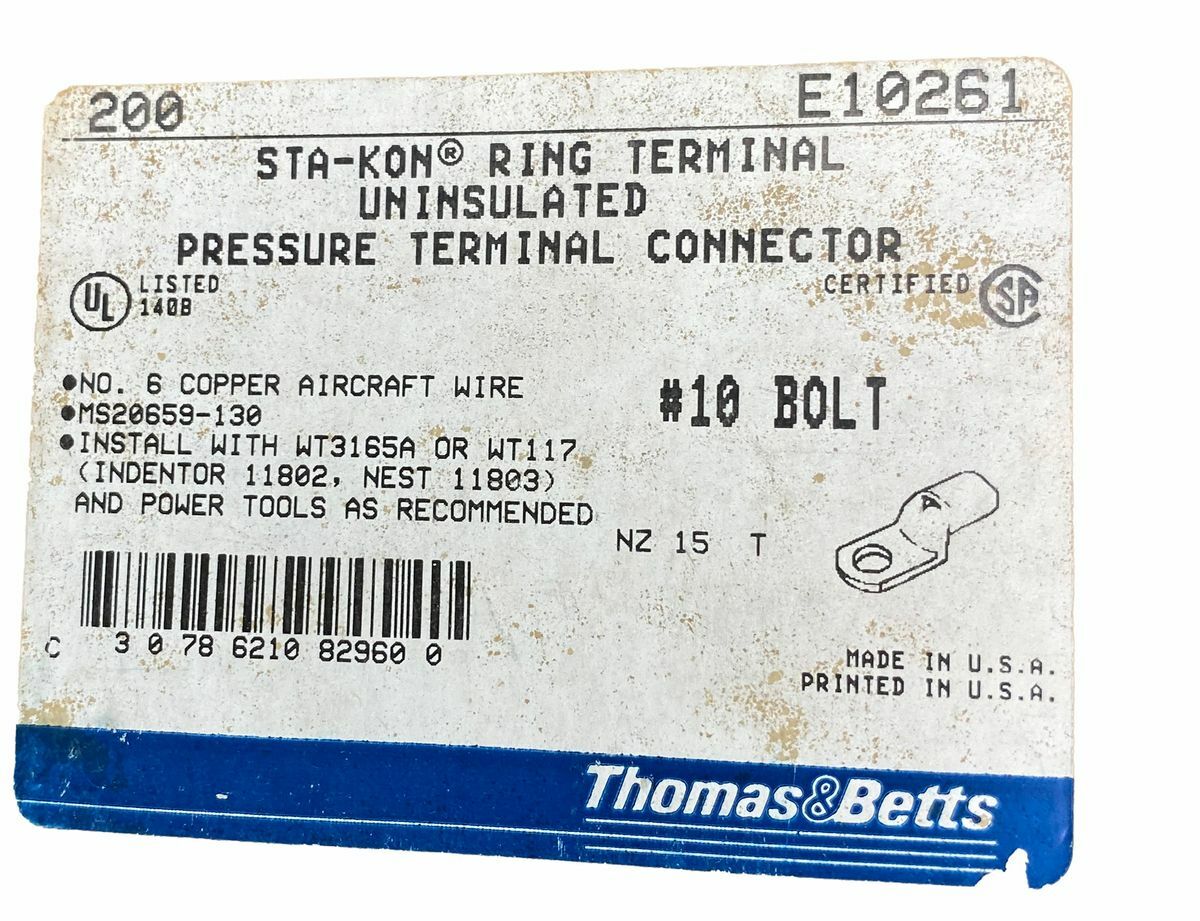 THOMAS & BETTS STA-KON RING TERMINAL 6awg X #10(3/16) E10261