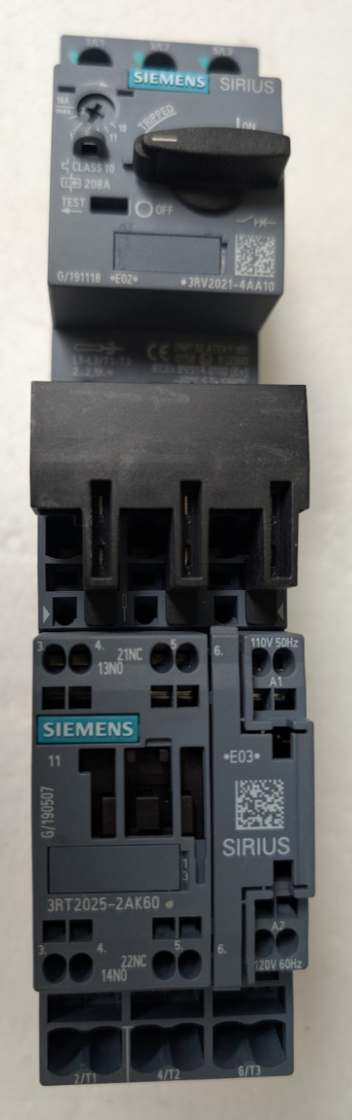 Siemens 3RT2025-2AK60 Contactor, With 3RV2021-4AA10 Breaker Used