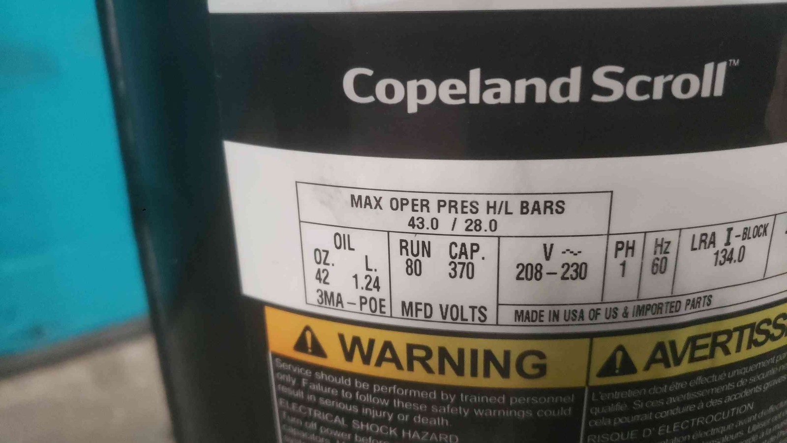 Copeland Scroll 4.5 Ton AC Compressor ZP54K5E-PFV-130 R410A 230V 1PH Emerson