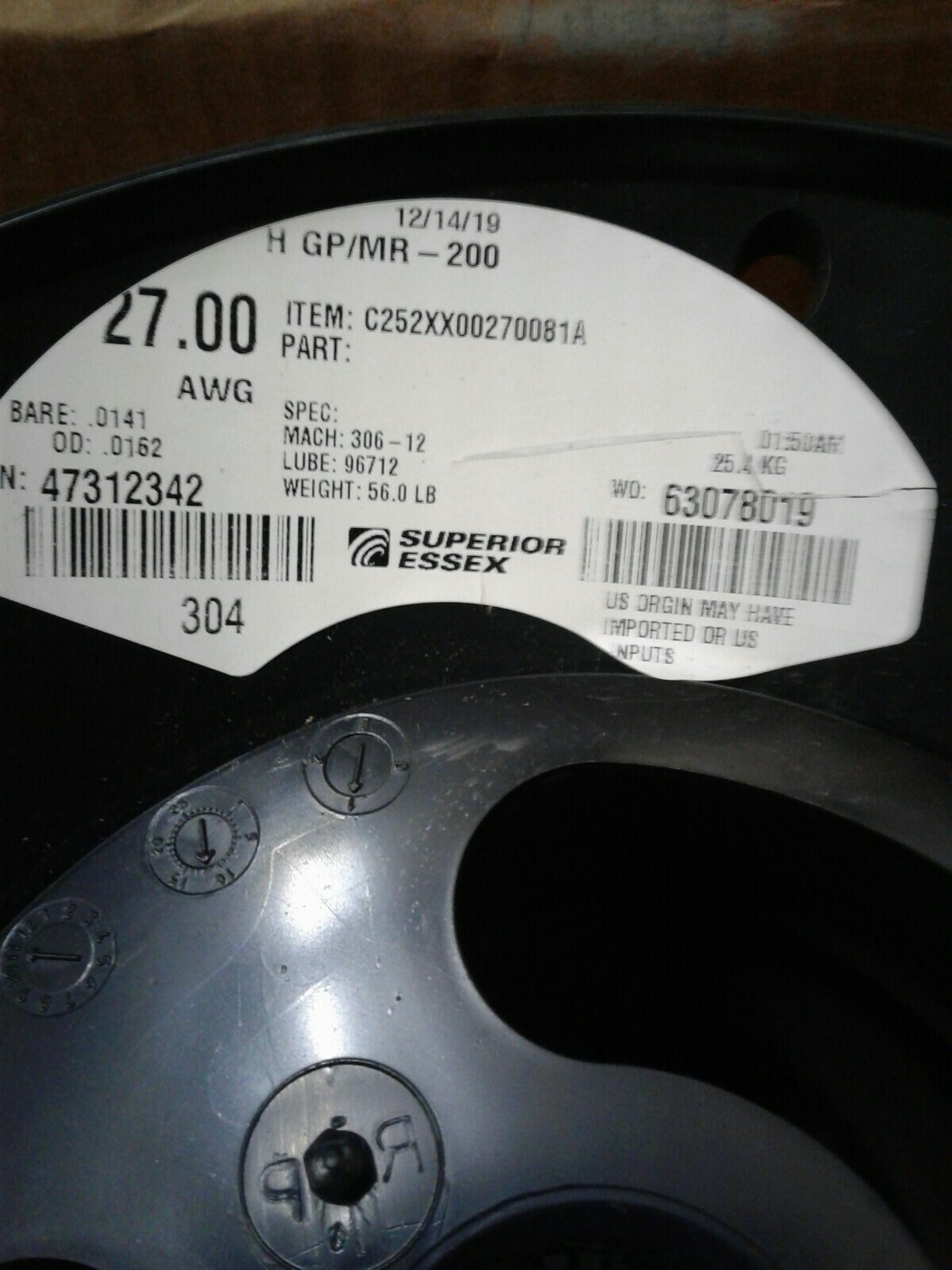 Superior Essex Wire Spool C252XX00270081A 27AWG H GP/MR-200 56LBS