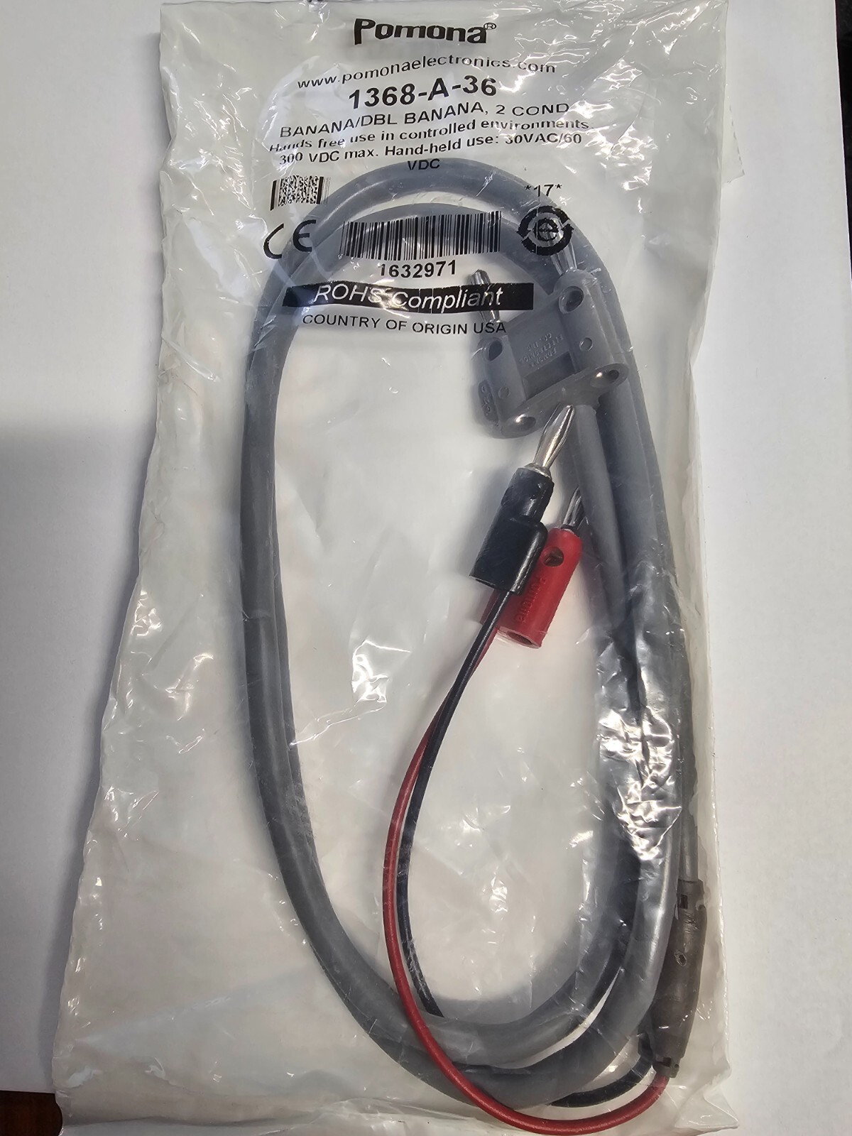 Pomona 1368-A-36 Banana Plug, 300 V, 18 AWG, 65 x 36, 0.25 in., Gray, 36 in