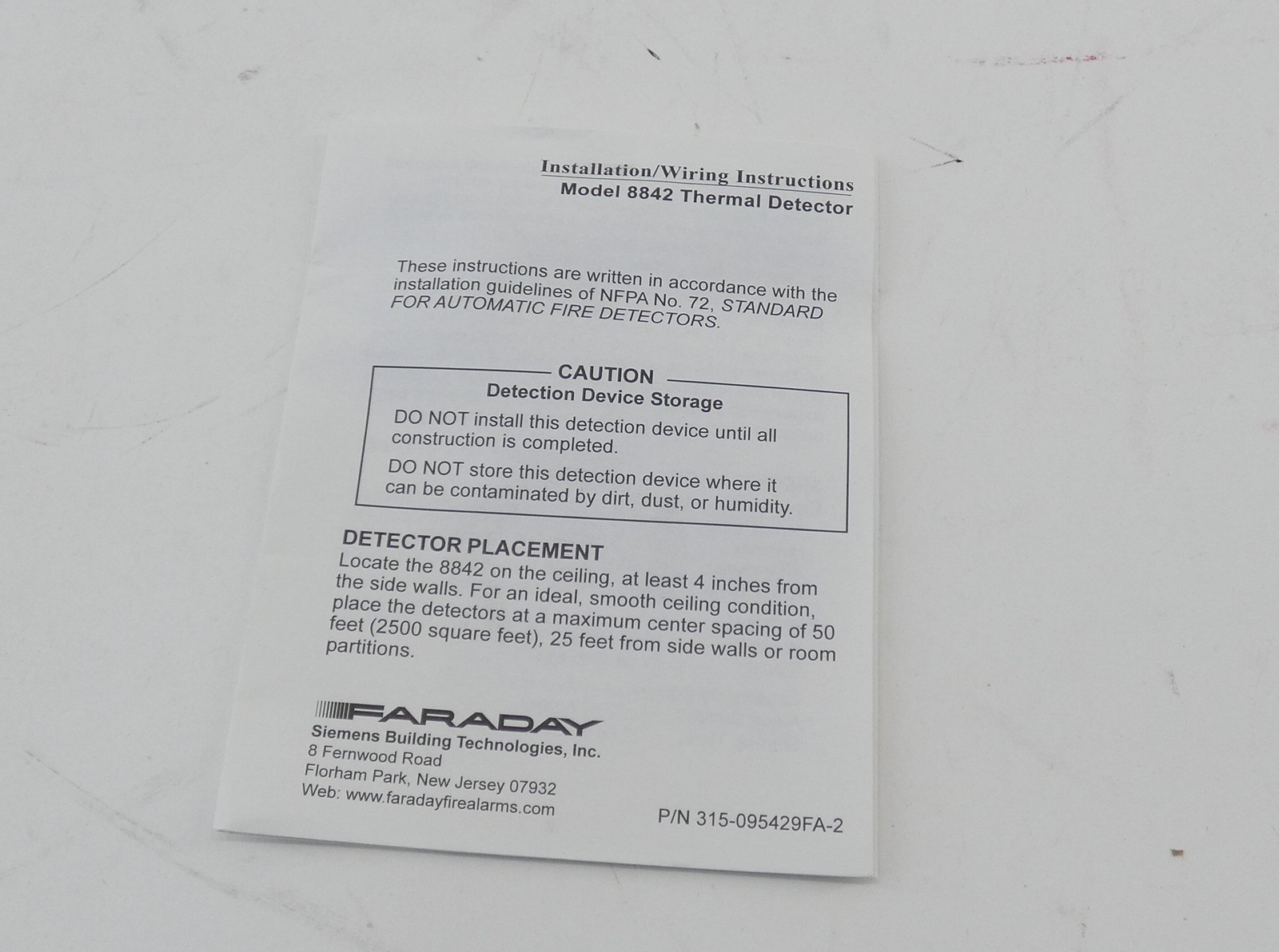 Faraday 500-095430FA Model 8842 Thermal Fire Detector – NEW Surplus!