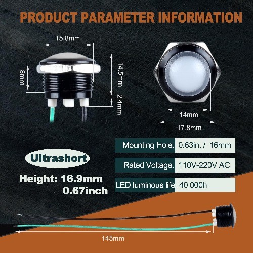 16mm 110VAC 125VAC Metal Indicator Light Waterproof IP67 Single Lamp LED