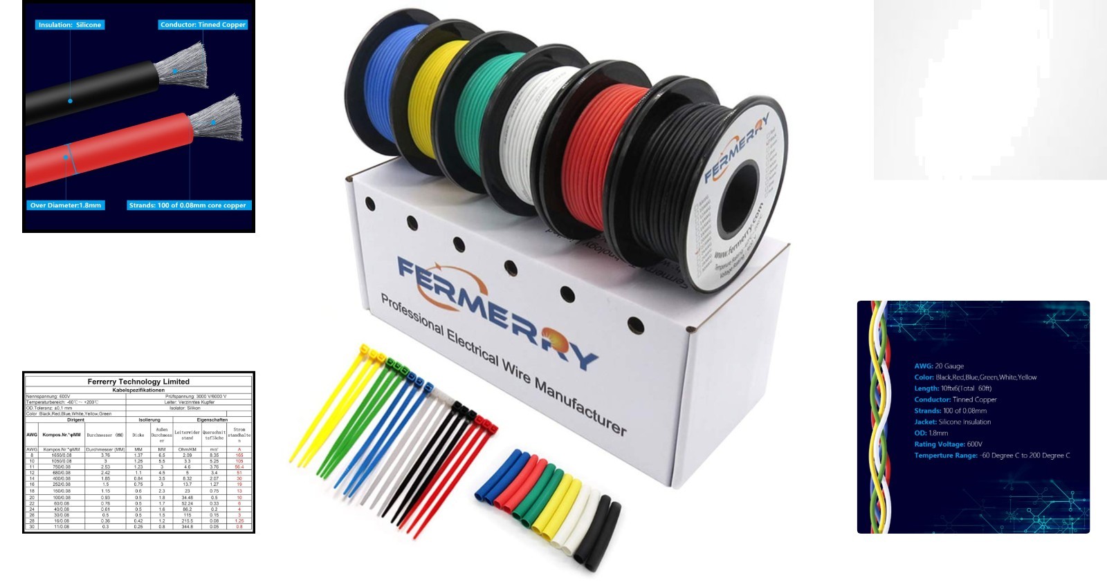 Flexible 20 AWG Silicone Hook-Up Wire – 10ft Spools in 6 Colors with Insulation