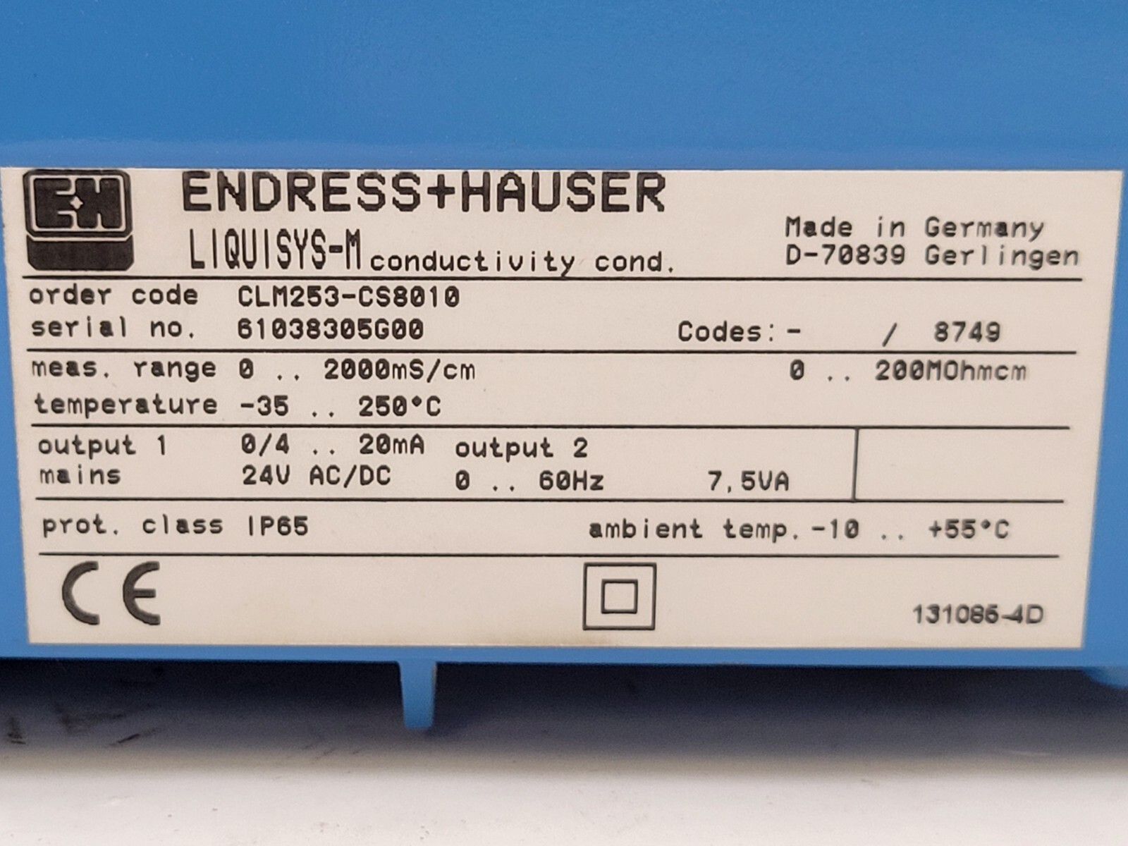 Endress Hauser CLM253-CS8010 Liquisys Conductivity Transmitter 24V 0-2000 MS/CM