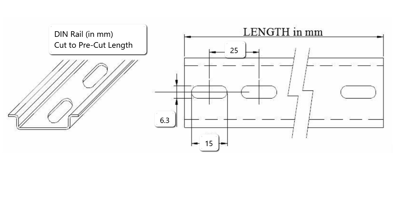 Pre-Cut DIN Rail Slotted Steel, 35mm x 7.5mm [varied length] RoHS Plated