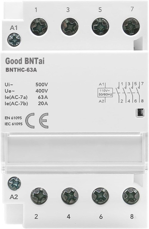 BNTHC AC Contactor 63A 4 Pole NO 110VAC Coil Voltage 35 mm DIN Rail Mount