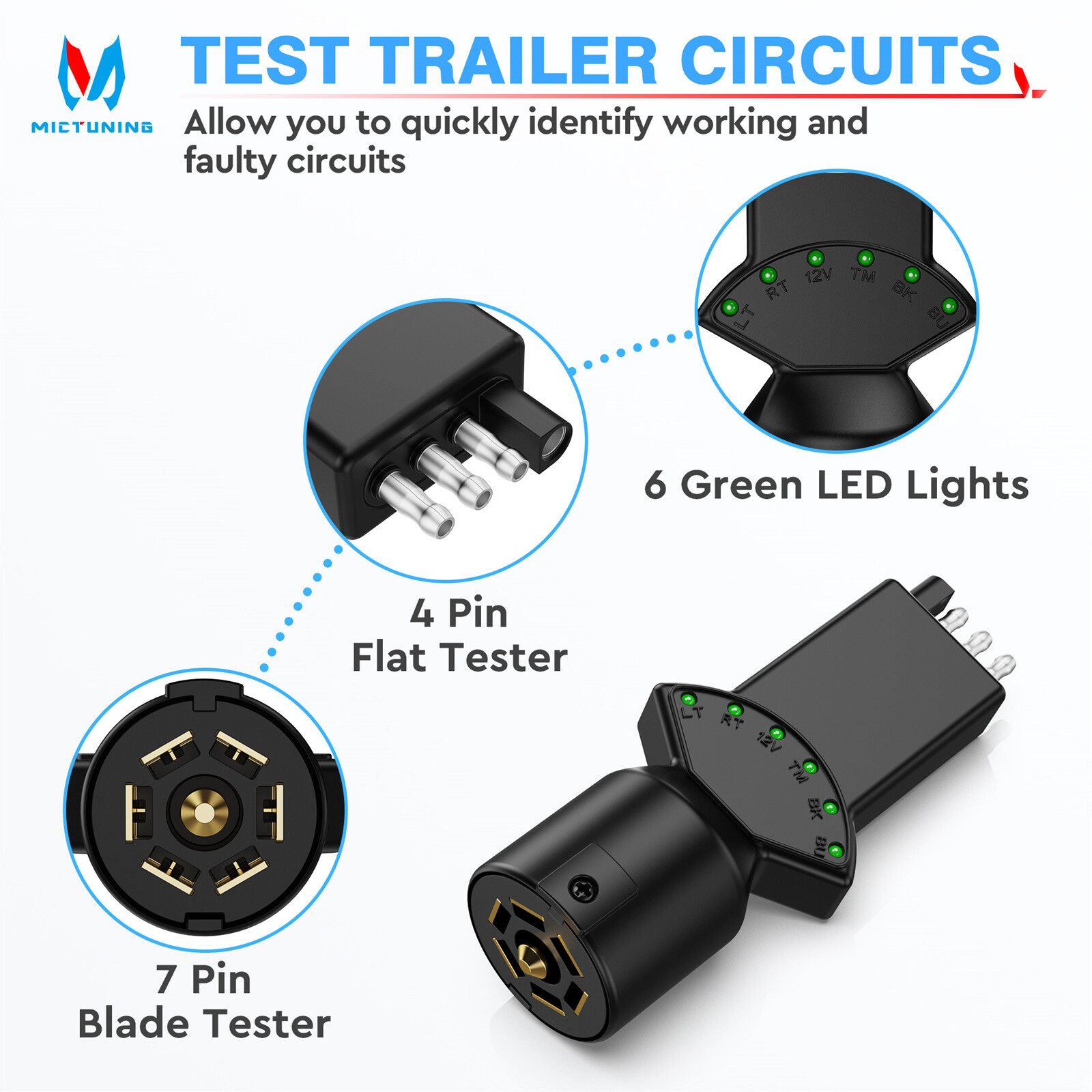 Truck Trailer 7 Blade 4 Pin Vehicle Plug Tester Wire Light Brake Towing Fuse LED