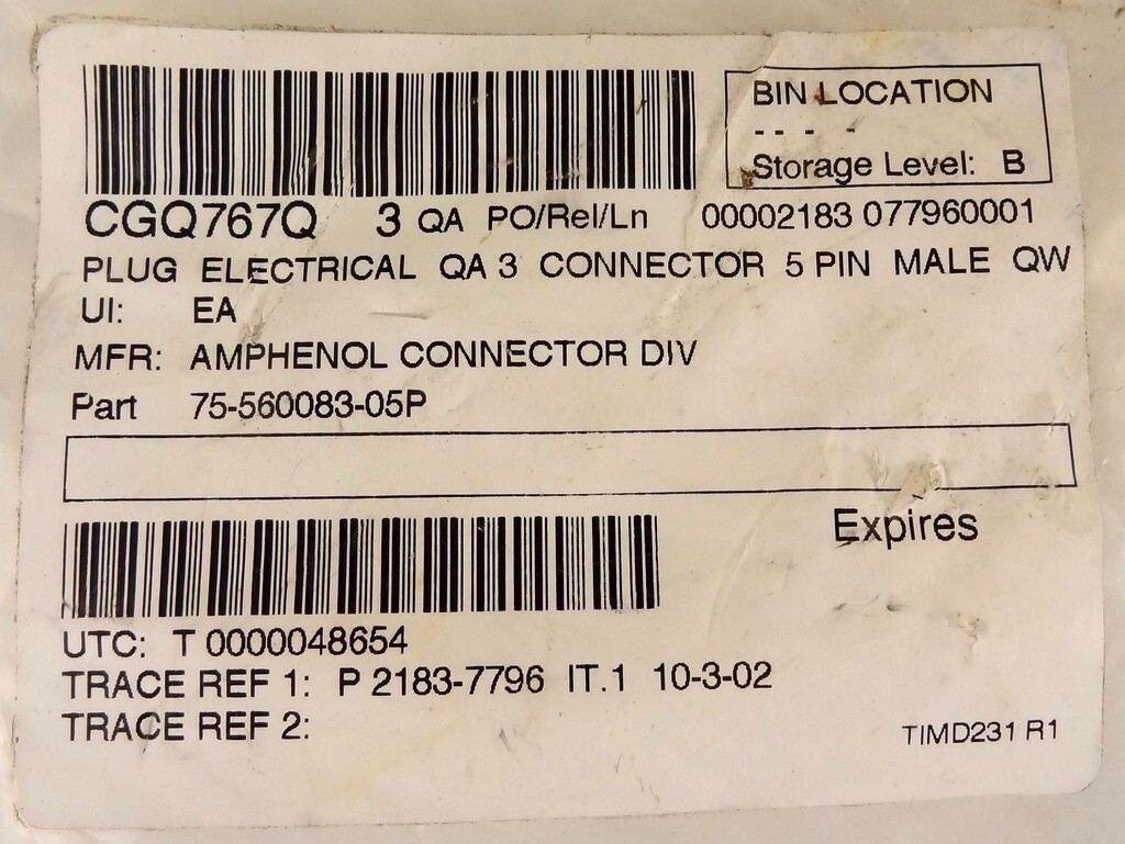 Amphenol Aerospace 75-560083-5P Custom 5 Pin High Voltage Connecter. NEW