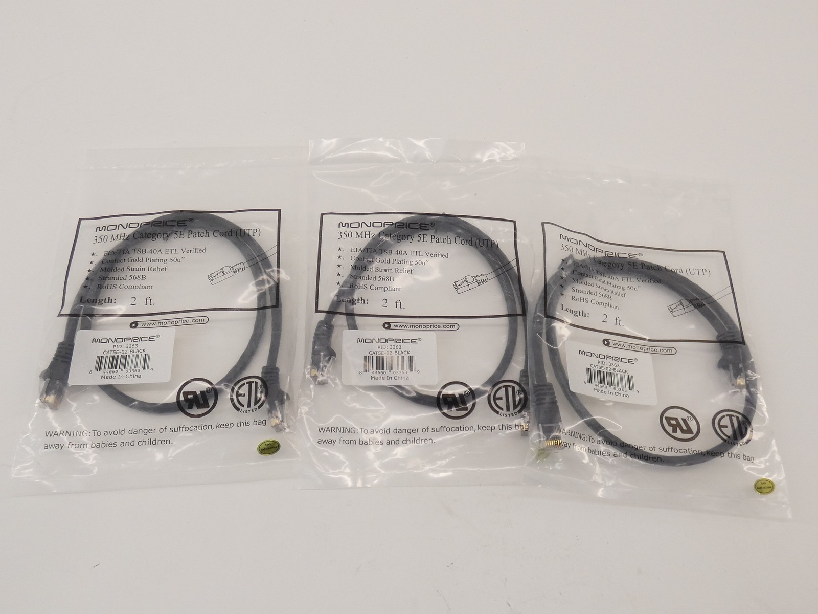 *Lot of 3* Monoprice 3363 Cat5E Patch Cord 2′ – NEW Surplus!