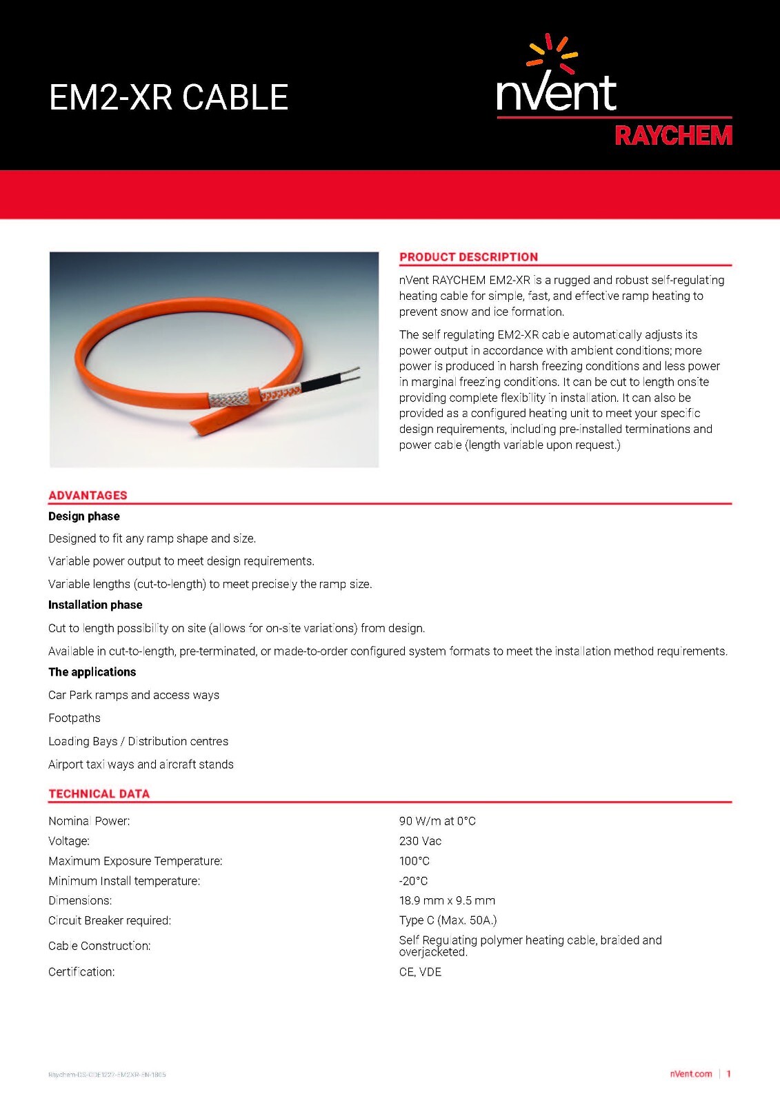 nVent/Raychem EM2-XR ElectroMelt Self-Regulating De-icing Cable 40W/ft 277V /1ft