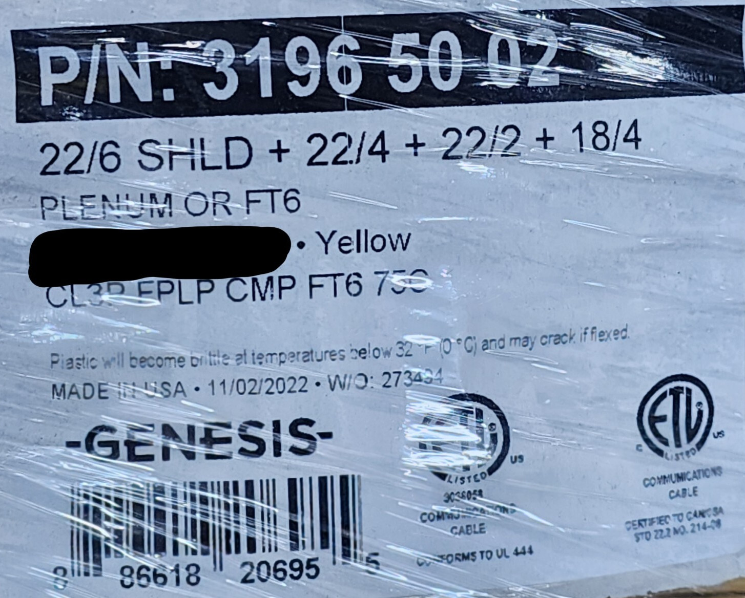 Genesis 3196 18/4C+22/3P+22/4C+22/2C Plenum Access Control Cable Yellow/50ft