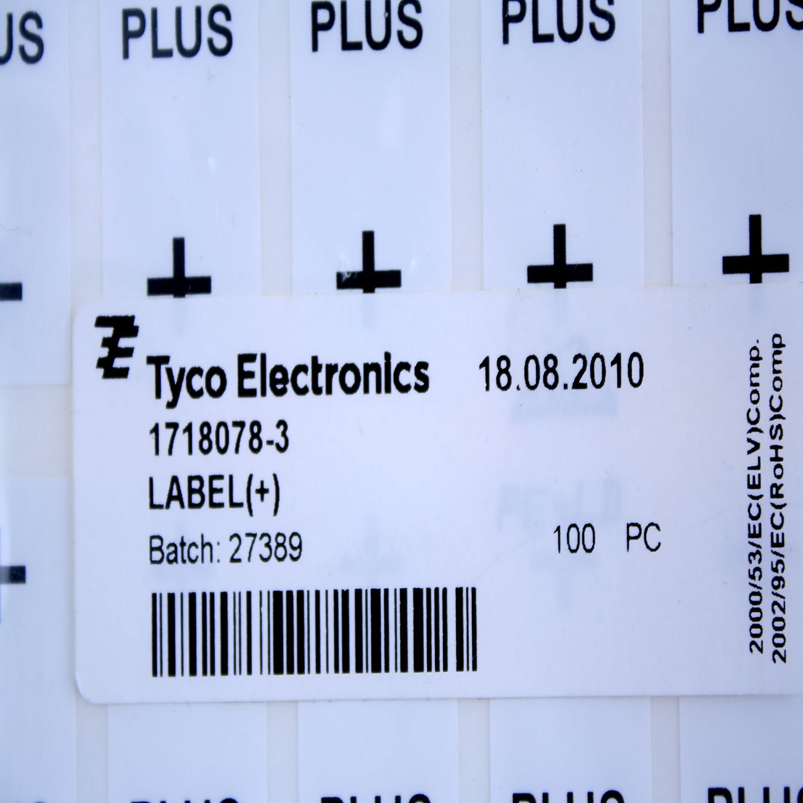 TYCO ELECTRONICS 1718078-3 + PLUS + WARNING TAG LABEL MARKER, SOLAR (100 PACK)