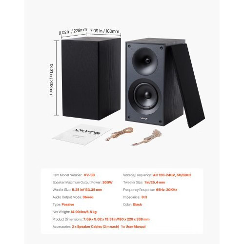 Passive Bookshelf Speaker, 300W, Book Shelf Stereo Speakers with 5.25-Inch Woofe