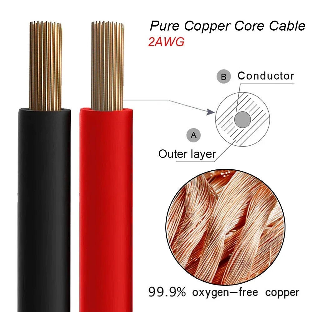 2 / 4 PCS 2AWG Copper Battery Cable Wire with Lugs Auto Marine Inverter RV Solar