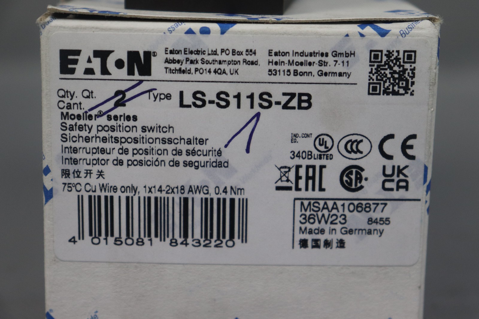 Eaton LS-S11-S-ZB Safety Position Switch 106877 Unused