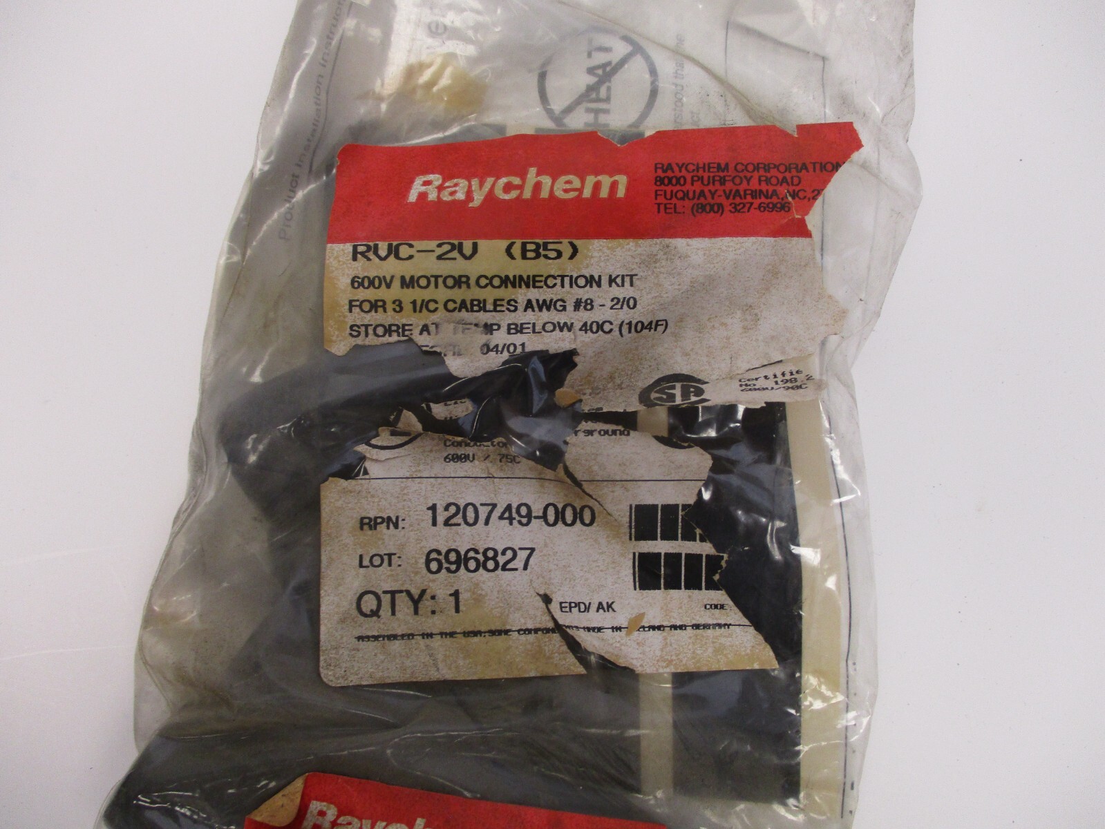RAYCHEM P/N: RVC-2V(B5) 600V MOTOR CONN. KIT FOR 3 1/C CABLES AWG #8-2/0