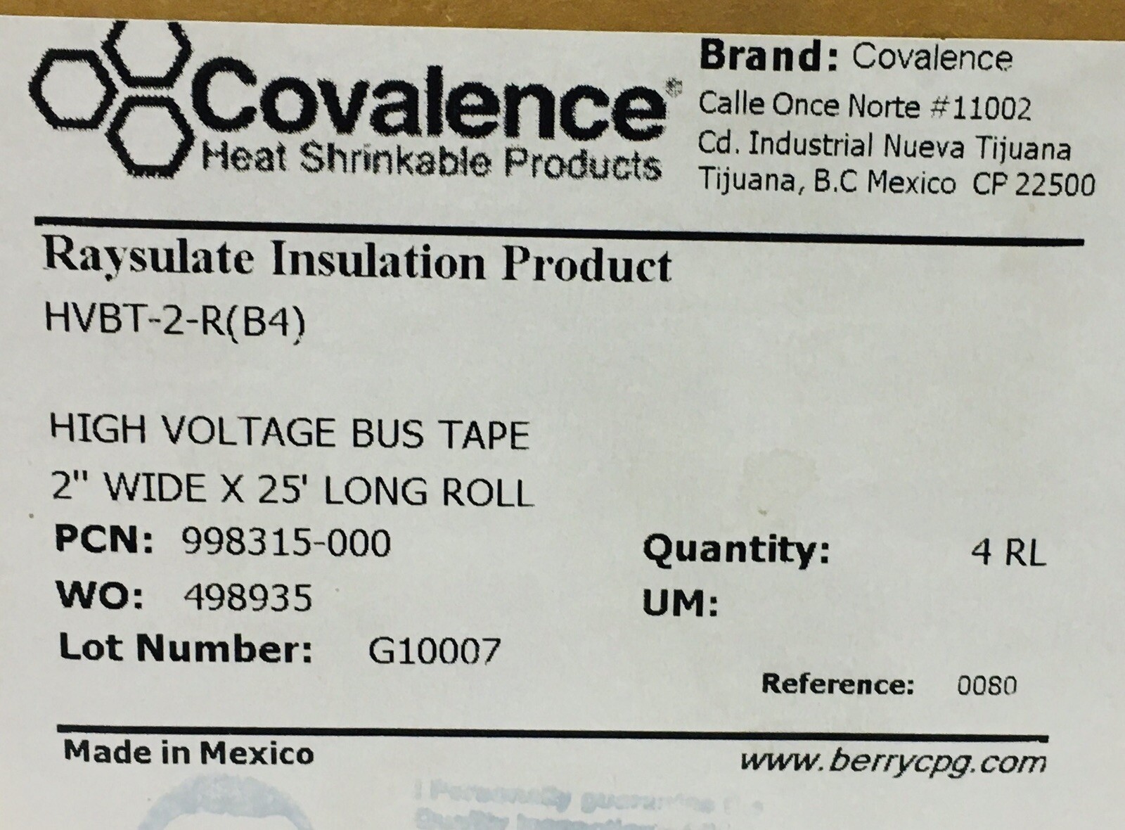 COVALENCE HVBT-2-R(B4) HIGH VOLTAGE BUS TAPE 2″W x 25’L ROLL 4CT. BOX !NEW!