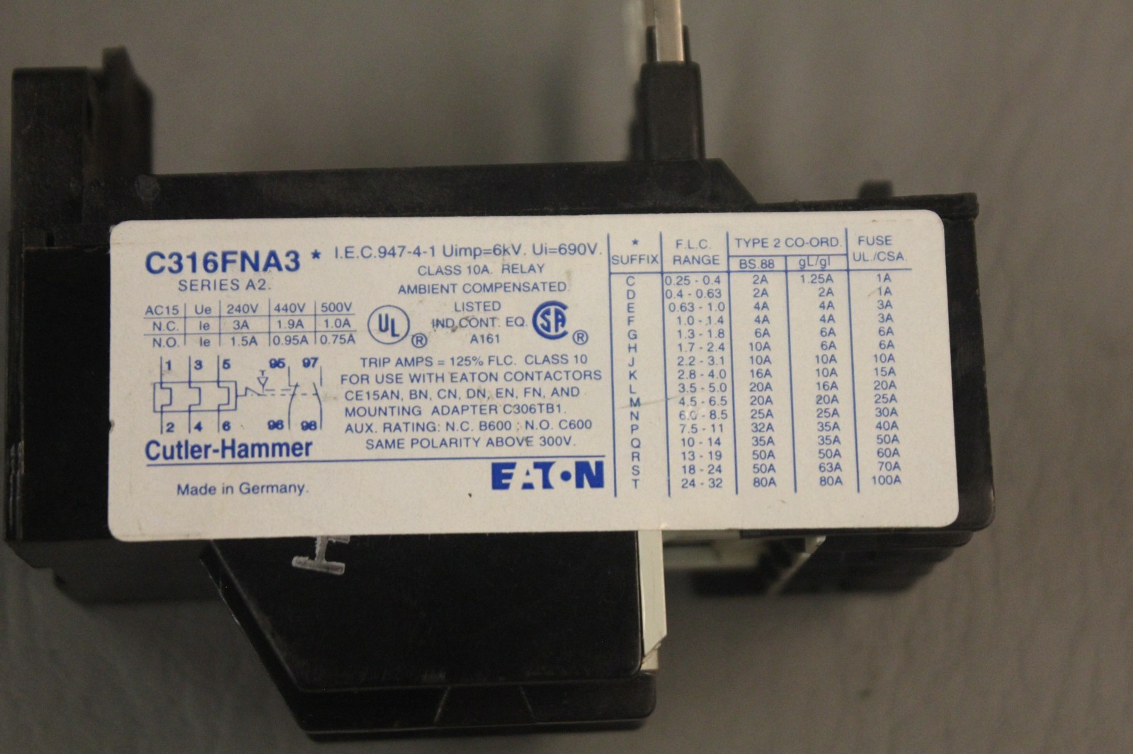 EATON CUTLER HAMMER C316FNA3 SER A2 OVERLOAD RELAY