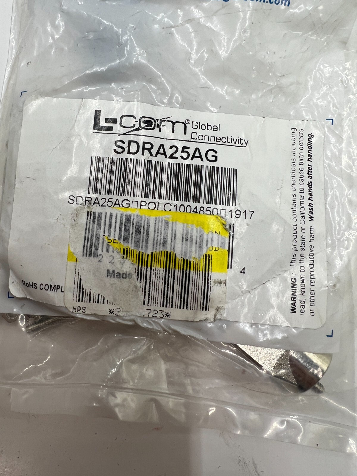 L-Com 90° Cast Metal Body D Sub Back Shell For 25 Pin Connectors SDRA25AG