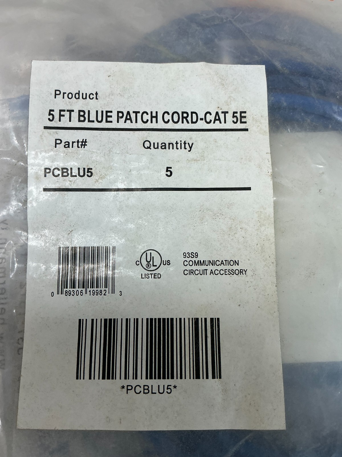 *FREE SHIPPING* Hellermann Tytion PCBLU5 Blue Patch Cord 5ft Cat 5E (5pcs.) -NEW