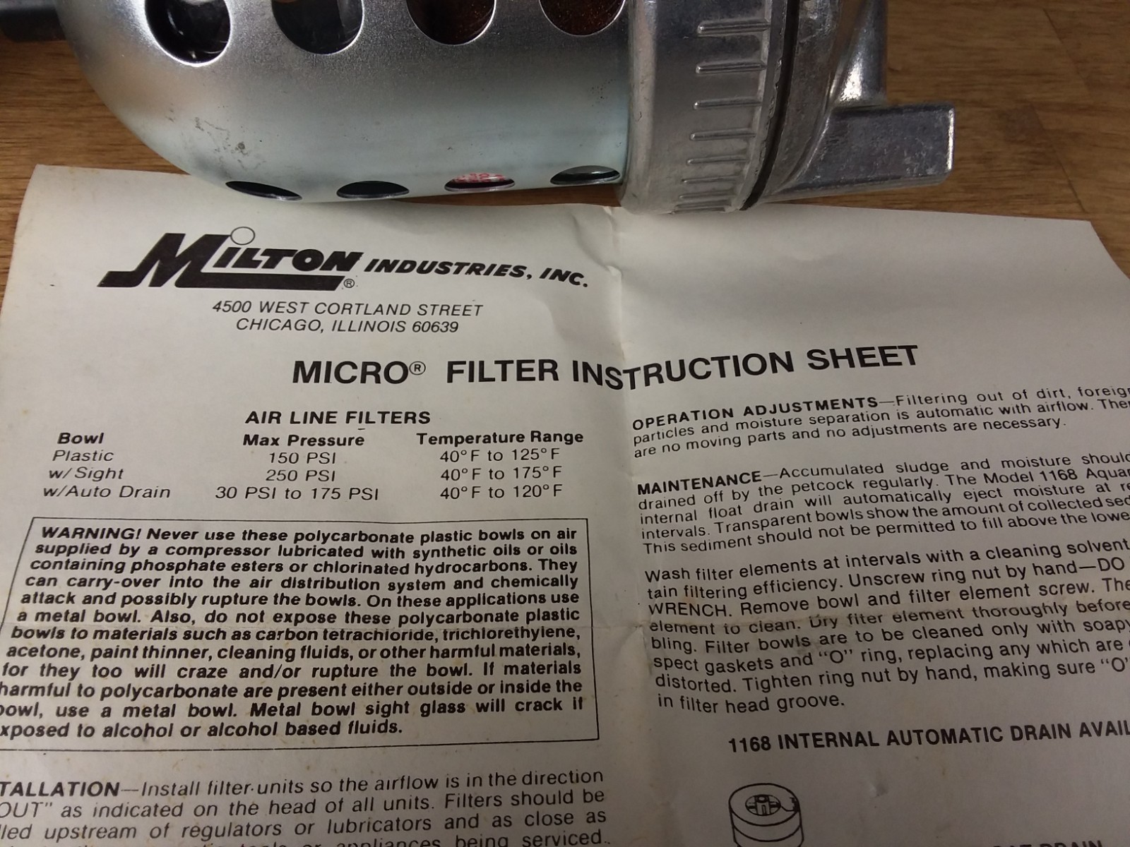 Milton in-line micro Filter 1120 1/2″ Filter NEW Old stock metal