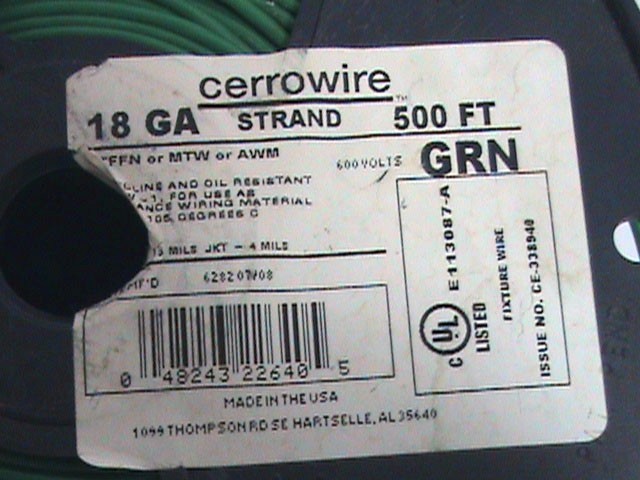 375 + feet Green Cerrowire 18 awg TFFN MTW AWM 600 V Stranded Green