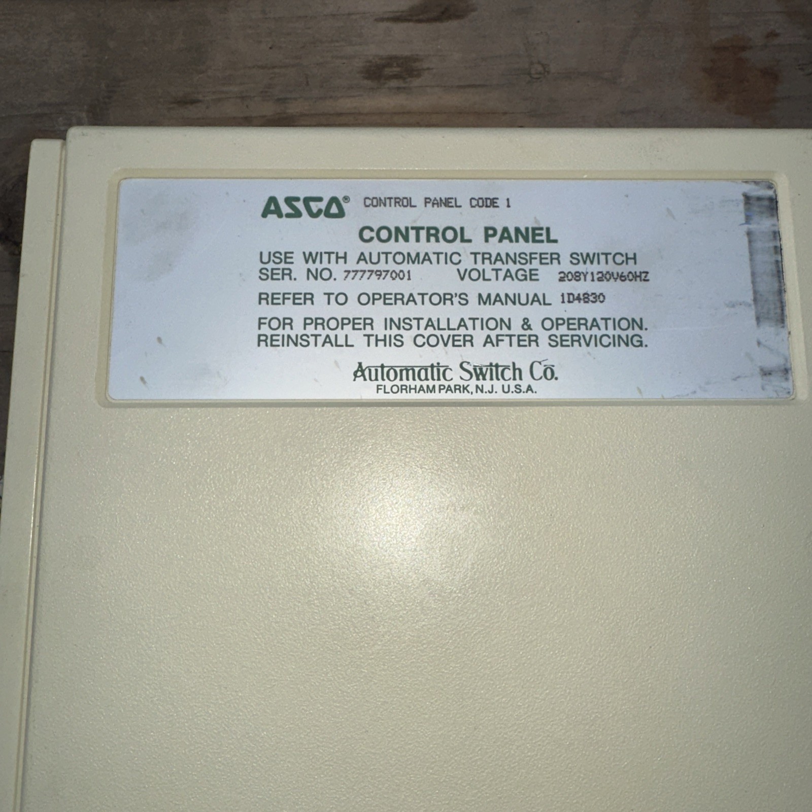 ASCO Control Panel Code 1 for Automatic Transfer Switch
