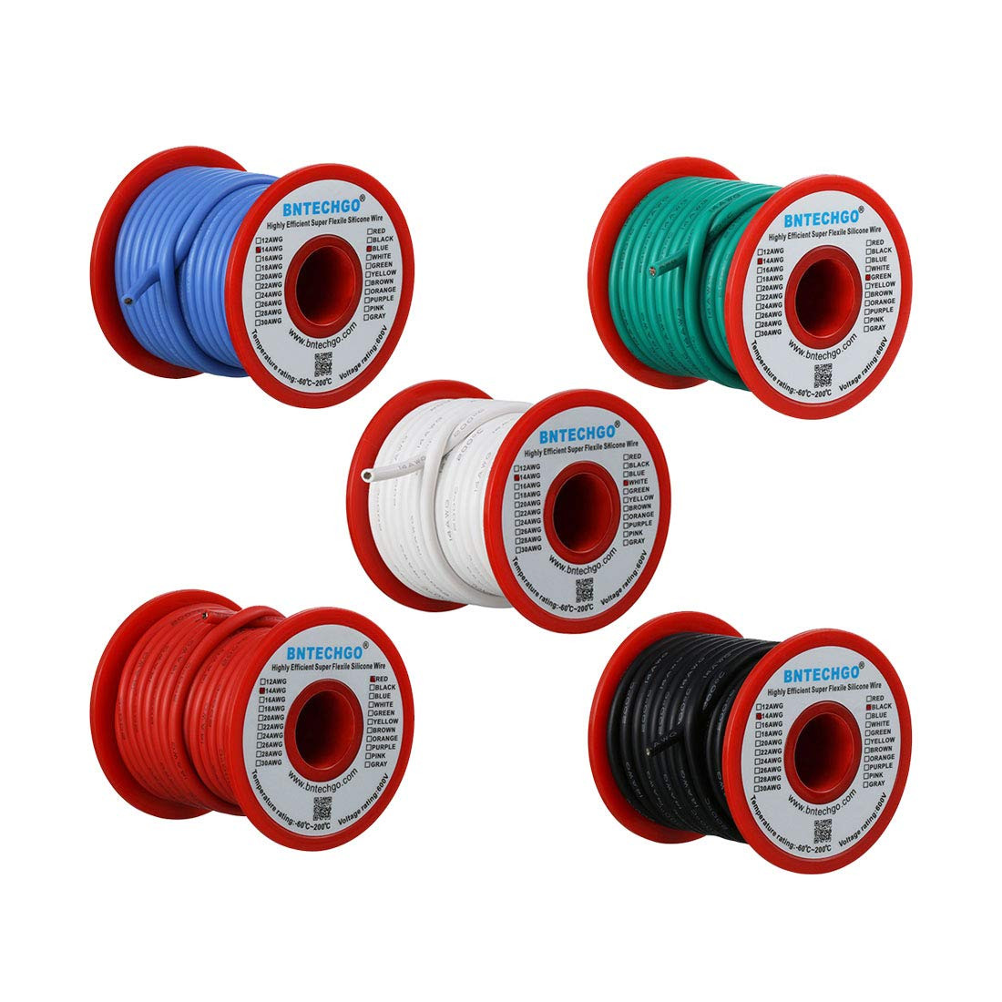 14 Gauge Silicone Wire Kit Red Black White Blue and Green Each 25Ft 14 AWG Stran