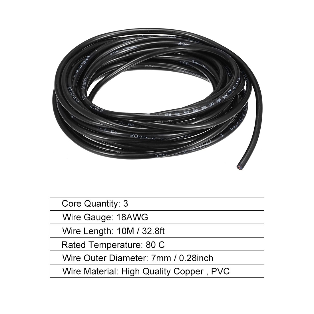 32.8ft RVV Wire Cable Extension Cord Copper Wire Conductor 3 Core 18 AWG 10M