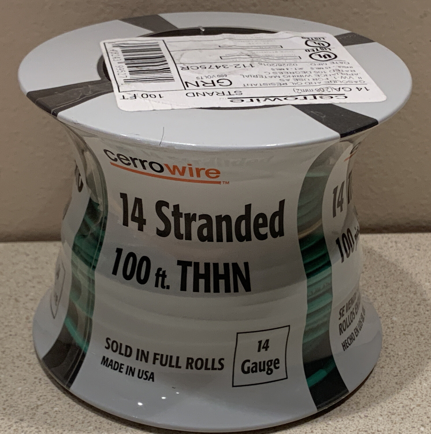 14 Gauge Stranded THHN Wire, 600V, 100 Foot Length, Green. CERROWIRE. NEW