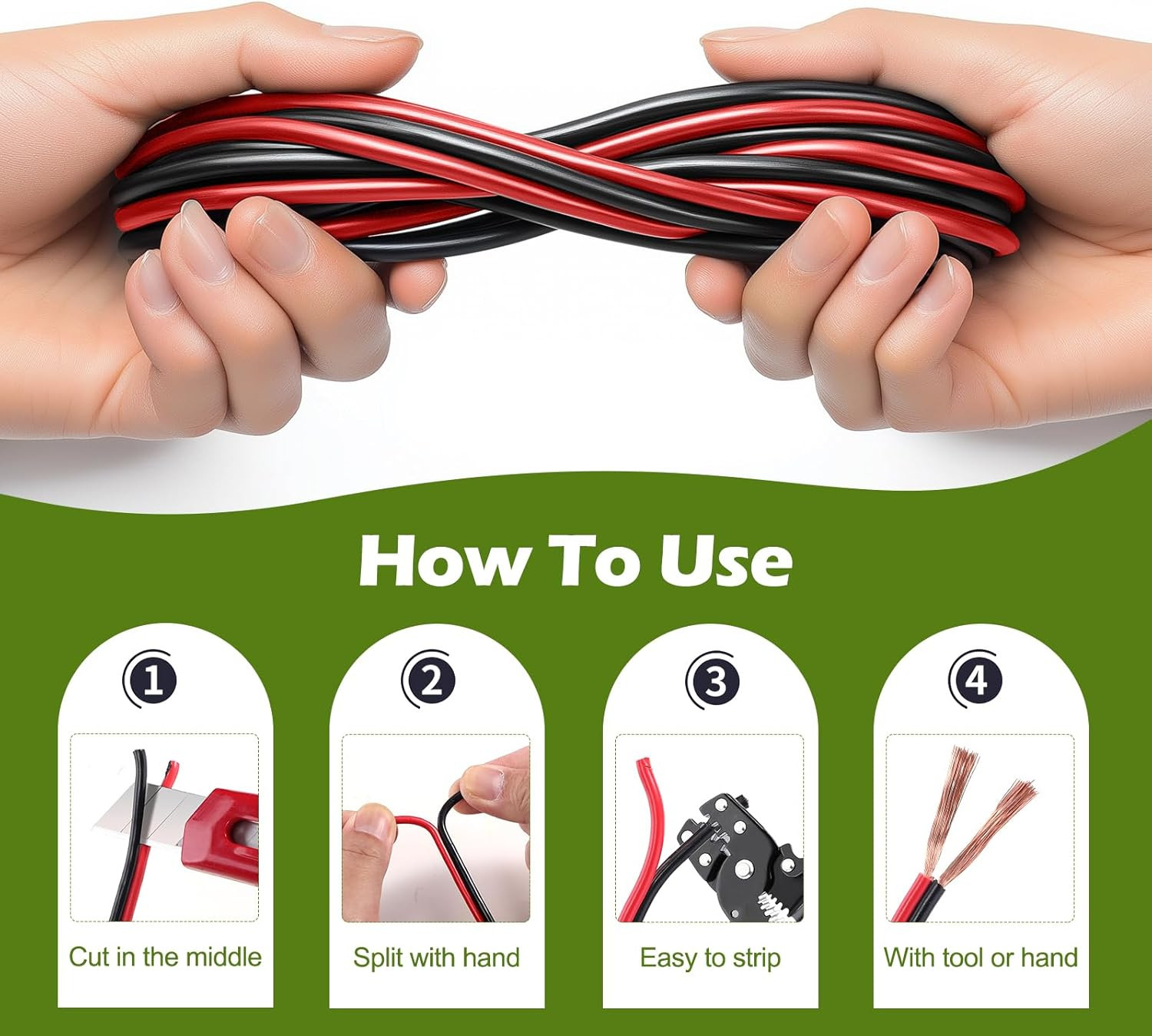 40FT 18AWG 2Pin Red Black LED Strip Extension Cord 12V/24V DC Cable