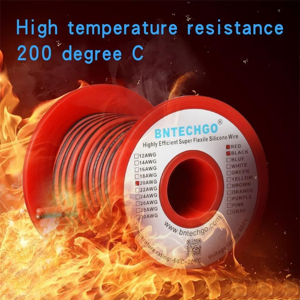 BNTECHGO 20 Gauge Flexible 2 Conductor Parallel Silicone Wire Spool Red Black Hi