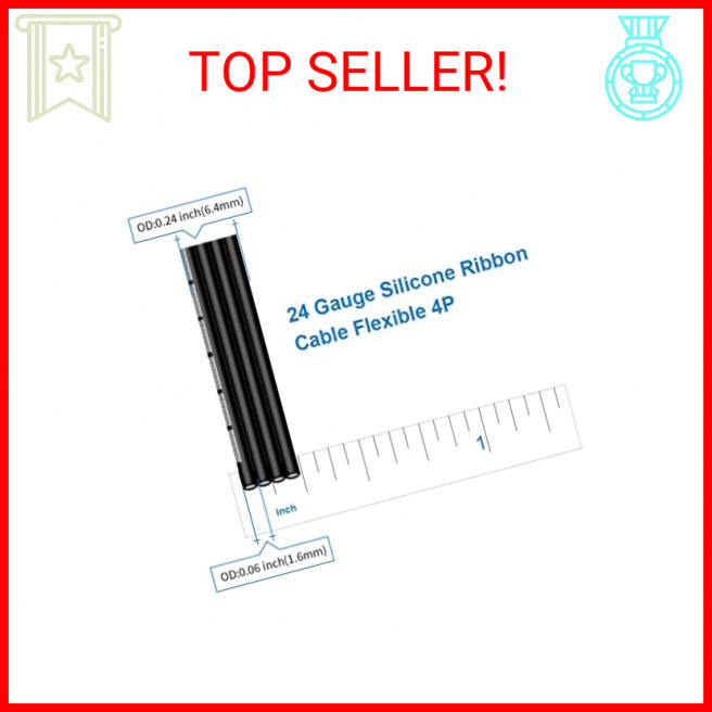 BNTECHGO 24 Gauge Silicone Ribbon Cable Flexible 4P Black 25 ft Flat Cable 24 AW