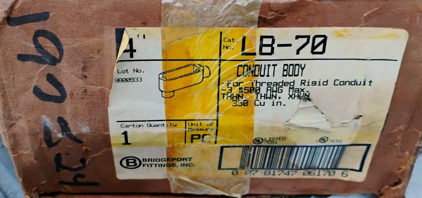 NOS Bridgeport LB-70 4″ Hub Malleable Iron LB Conduit Body – No Cover Or Box