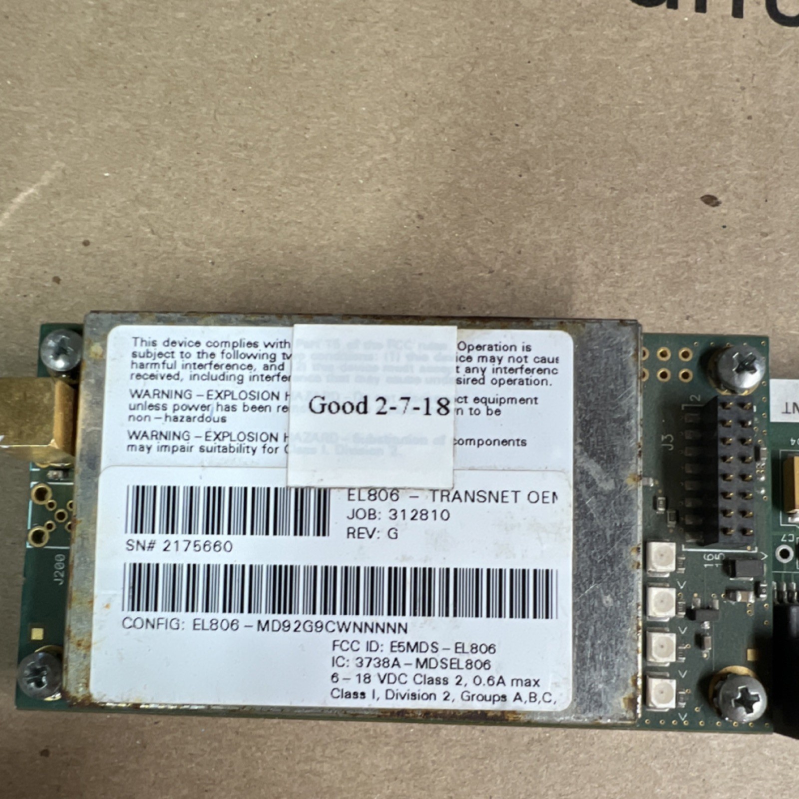 Transnet EL806 Circuit Board DMSS-CC-TTL-INT EL806-MD929GCWNNNNN
