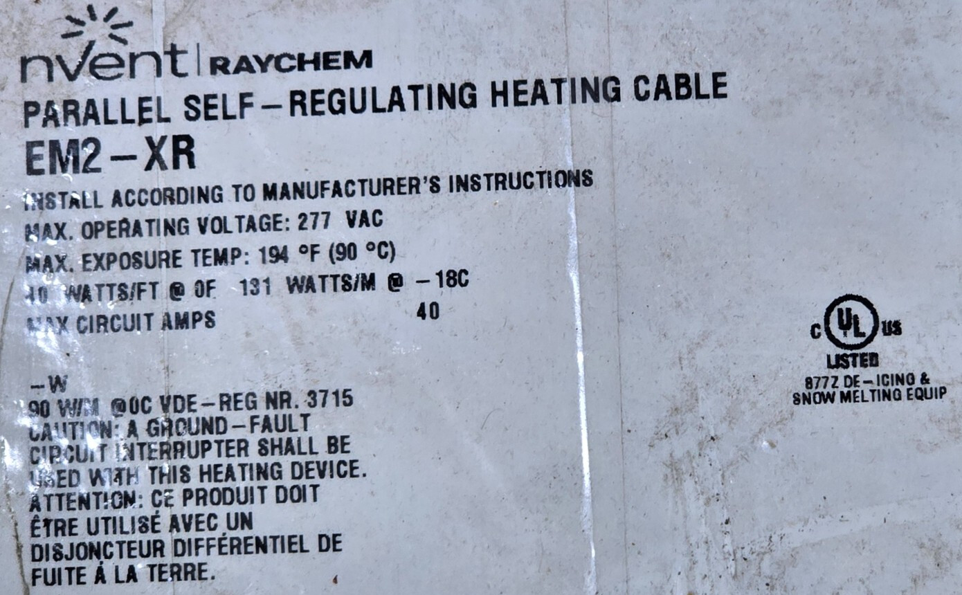 nVent/Raychem EM2-XR ElectroMelt Self-Regulating De-icing Cable 40W/ft 277V /1ft
